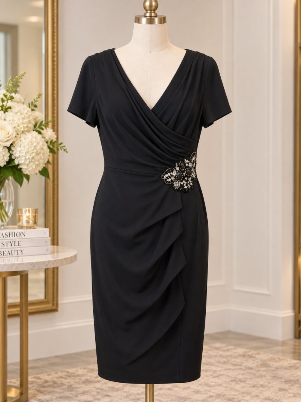 Alex Evenings Black Draped Cocktail Dress Size 14 Jeweled Waist Accent